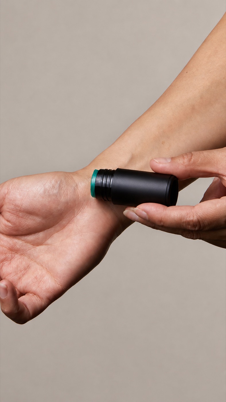 Hands applying a black solid perfume stick to the inner forearm.