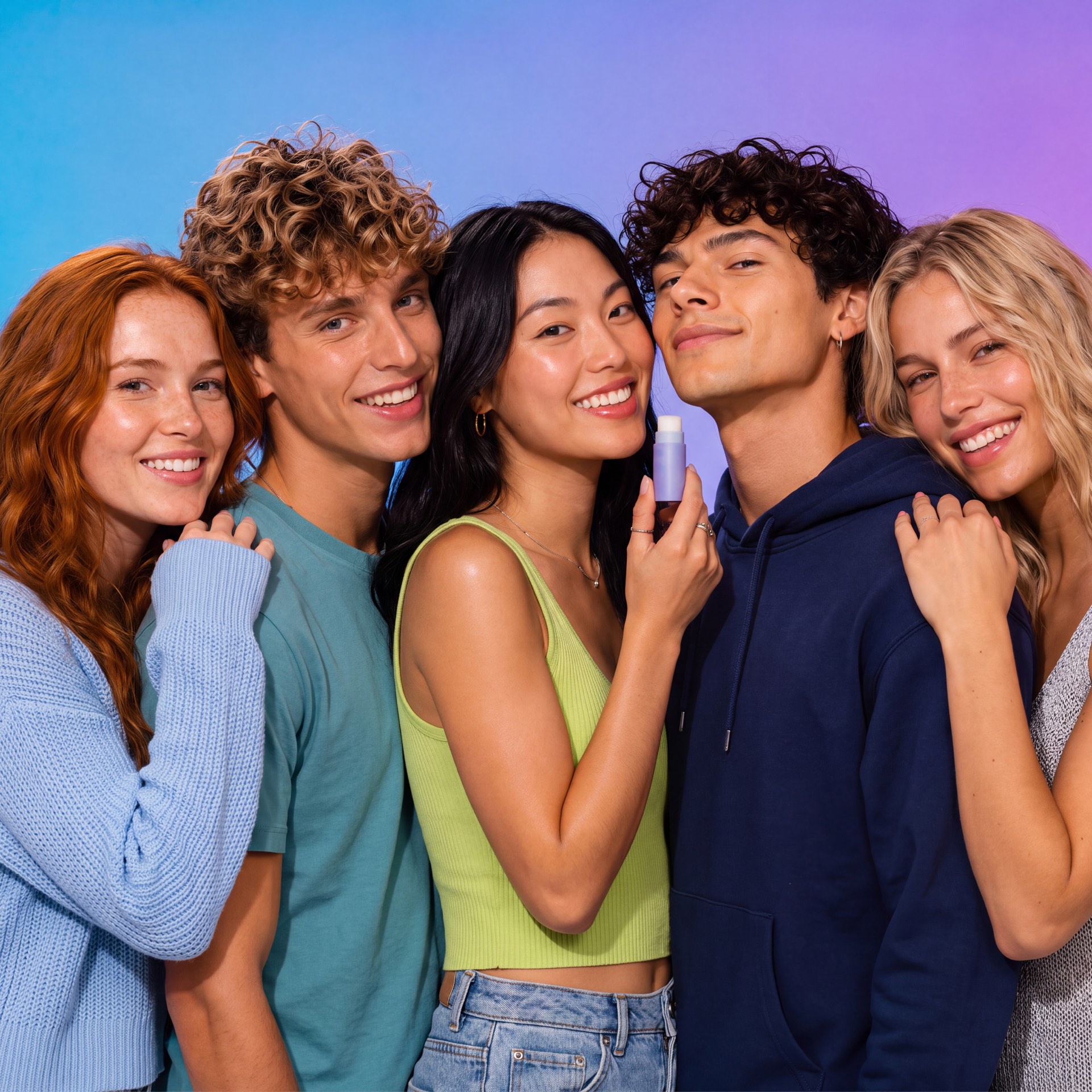 A group of young adults smiling together while one of them holds a solid perfume stick.